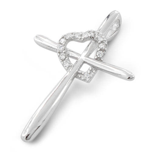 "PERFECT EASTER GIFT" WHITE CZ CROSS & HEART PENDANT IN 925 STERLING SILVER