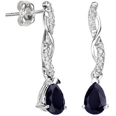 GENUINE MIDNIGHT BLUE SAPPHIRE & DIAMOND EARRINGS CRAFTED  IN .925 STERLING SILVER