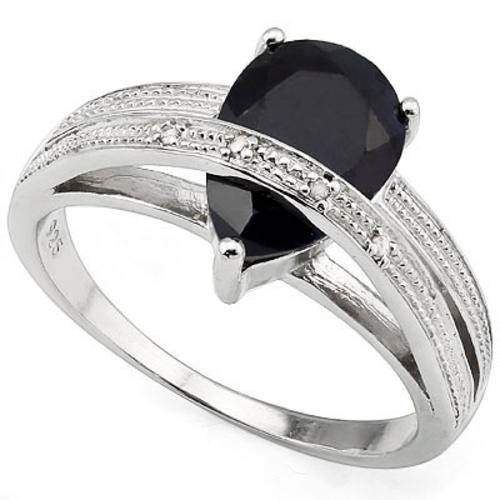 GENUINE BLACK SAPPHIRE & WHITE DIAMOND RING .925 STERLING SILVER