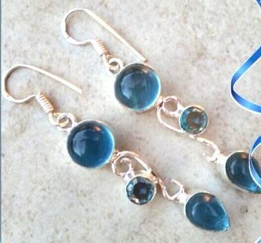 NATURAL GEMSTONE CHELCEDONY & BLUE TOPAZ DANGLING EARRINGS