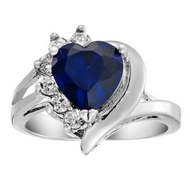 BLUE SAPPHIRE & WHITE CZ HEART RING CRAFTED IN WHITE GOLD PLATING SIZE 8