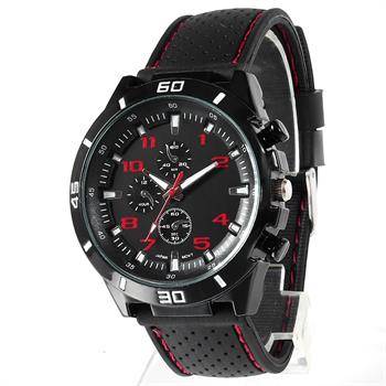 MEN'S ANALOG QUARTZ WATCH STAINLESS STEEL DIAL WITH FAUX LEATHER STRAP  - BLACK/RED
