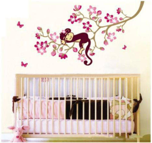 CLEARANCE SALE! SLEEPING MONKEY ON PINK PEACH BLOSSOM BRANCH DECAL  - PERFECT FOR NURSERY OR BEDROOM