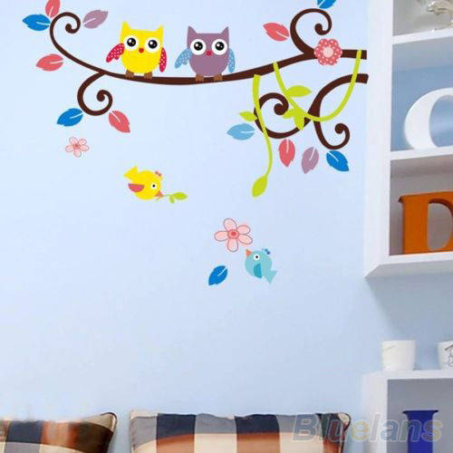 CLEARANCE SALE!!!  COLOURFUL & CUTE OWLS ON SCROLL BRANCH  WALL DECAL - LATEST IN NURSERY DECOR