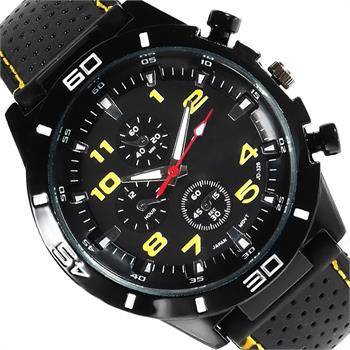 MEN'S ANALOG QUARTZ SPORTS WATCH WITH FAUX LEATHER STRAP  - BLACK/YELLOW