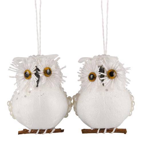 LUXURY QUALITY @HOME PRODUCT 2PCS BOXED SET  UNIQUE CHRISTMAS XMAS DECOR - 2 WHITE FLUFFY OWLS 6 CM