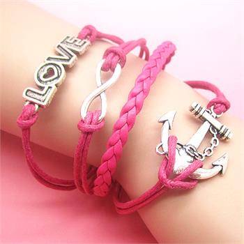 PERFECT STOCKING FILLER - ROSE AND SILVER FASHION INFINITY/LOVE/ANCHOR LEATHER CUTE CHARM BRACELET