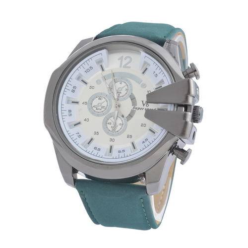 THE  MAN'S MILITARY WHITE DIAL BLUE PU LEATHER BAND V6 ARMY STYLED WRISTWATCH