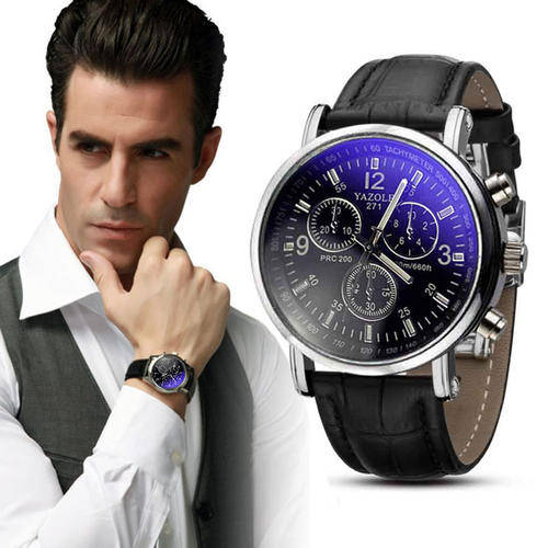 LUXURY MENS FASHIONABLE BLACK FACE WITH SILVER BODY, FAUX CROCODILE LEATHER STRAP AND LUMINOUS HANDS