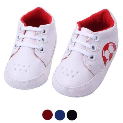 "FOOTBALL" WHITE BABY PU LEATHER ANTI SLIP LACE CRIB SNEAKER SHOES RED TRIM  SZ12 (5 - 9 Months)