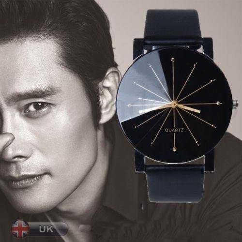 FASHION MEN'S BLACK DRESS WRIST WATCH WITH PU LEATHER STRAP