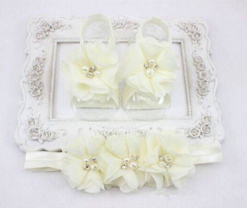 3PCS SOFT CREAM CHIFFON FLOWER HEADBAND WITH MATCHING RIBBON "SHOES " PEARL AND RHINESTONE DETAILING