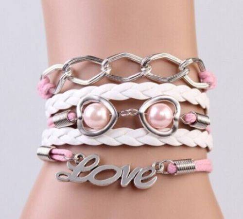 NEW FASHION  HEARTS WITH FAUX PEARLS, LINK CHAIN AND LOVE LEATHER CHARM BRACELET