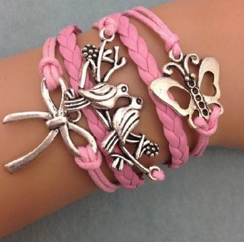 INFINITY CHARMS 2 DOVES ON BRANCH, BOW AND BUTTERFLY LEATHER CHARM BRACELET