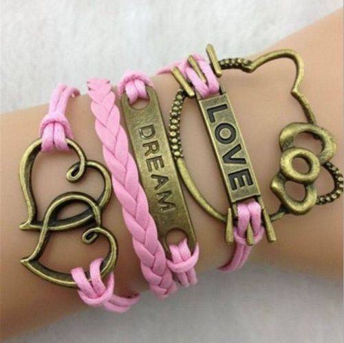 NEW FASHION PINK BRONZE CHARMS HELLO KITTY, LOVE, DREAM AND HEARTS   LEATHER INFINTY CHARM BRACELET