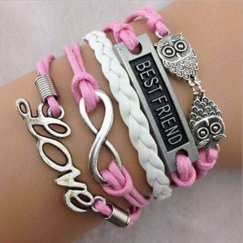 PINK AND WHITE SILVER INFINITY BEST FRIEND, 2 OWLS, LOVE AND INFINITY CUTE LEATHER CHARM BRACELET
