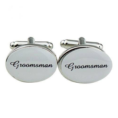 MARKED DOWN!!!   HIGH QUALITY "GROOMSMAN" CUFFLINKS IN ELEGANT BLACK SCROLL ON WHITE SILVER PLATED