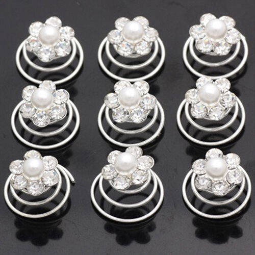6 PCS BRIDAL HAIR JEWELLERY SET -  SPIRAL COILS WITH PEARLS AND RHINESTONE FLOWERS  - HAIR ACCESSORY
