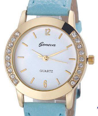 HOT!!! GENEVA WOMEN'S CRYSTAL ANALOG  QUARTZ DRESS WATCH WITH SKY BLUE  FAUX LEATHER STRAP