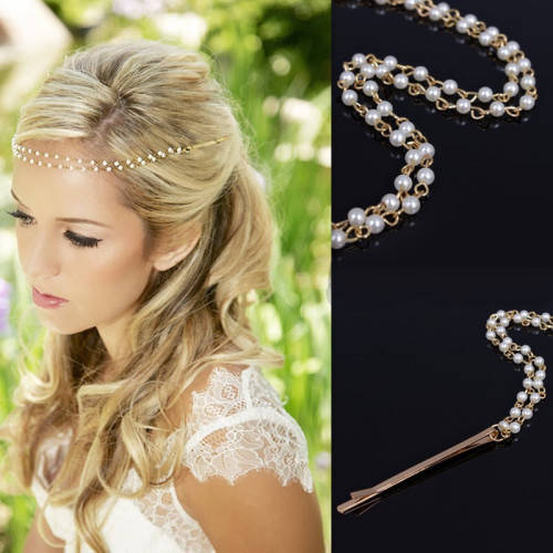 SUMMER BRIDAL SALE!!  MARKED DOWN - WEDDING BRIDAL HAIR CLIPS WITH FAUX PEARL DOUBLED CHAIN