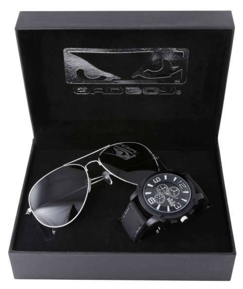 BOXED AUTHENTIC BAD BOY BRANDED MEN'S SPORTS WATCH AND AVIATOR SUNGLASS GIFT SET