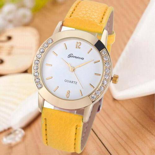 FASHION GENEVA WOMAN'S WATCH WITH YELLOW FAUX LEATHER STRAP AND CRYSTAL INLAY ON BODY