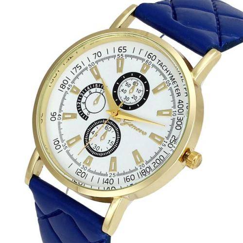 LADIES GENEVA CASUAL SPORTY FASHION WRISTWATCH WITH BLUE QUILTED FAUX LEATHER STRAP
