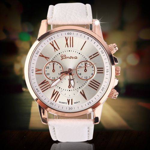 LUXURY WHITE FACE AND STRAP  GENEVA DIAL GOLD CASE WITH ROMAN NUMERALS  LADIES STUNNING WATCH