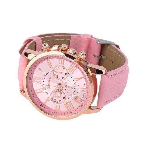GENEVA  WOMANS PINK ROMAN NUMERALS ANALOG QUARTZ WRISTWATCH WITH FAUX LEATHER STRAP