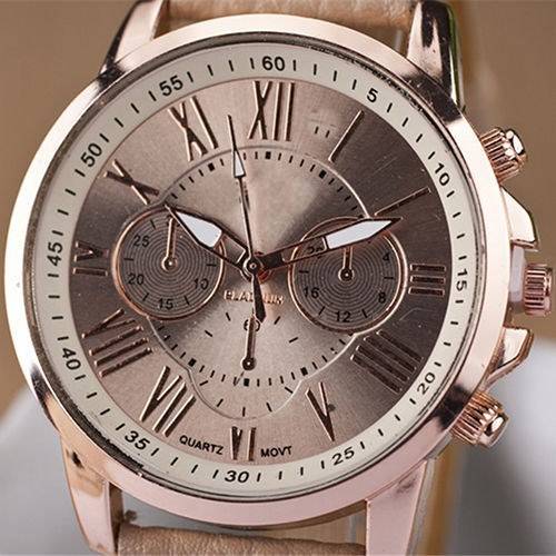 SANWOOD WOMANS CREAM ROMAN NUMERALS ANALOG QUARTZ WRISTWATCH WITH FAUX LEATHER STRAP