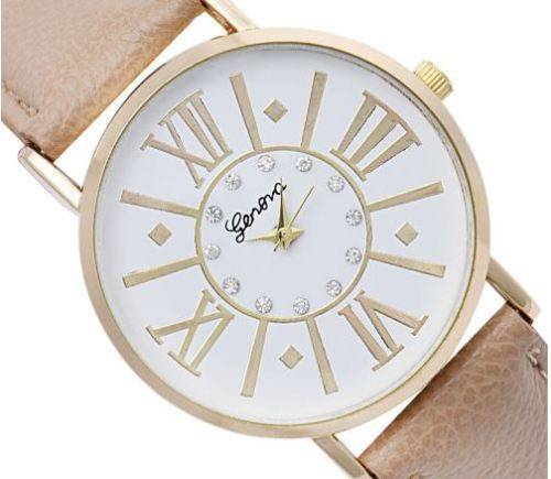 GENEVA WOMANS FASHION WATCH WITH DIAMANTE, ROMAN NUMERALS AND PU LEATHER BAND