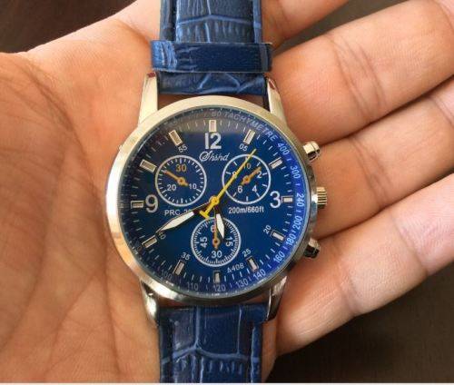 MODERN DRESS WATCH!!  EYE-CATCHING MEN'S WATCH WITH BLUE  FAUX CROCODILE LEATHER STRAP