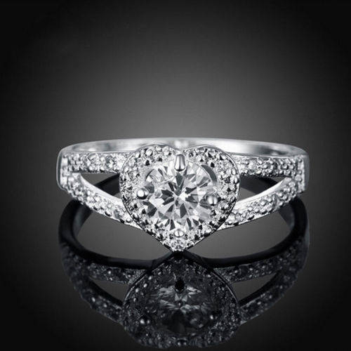 GIFT  FOR YOUR LOVE - SILVER FILLED DAINTY HEART SHAPED CRYSTAL RING -  (10) T1/4