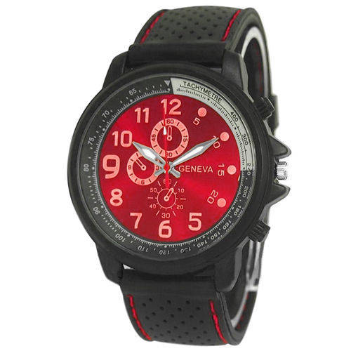 GENEVA MENS RED DIAL SPORTS WATCH QUARTZ ANALOG  WATCH WITH BLACK SILICONE STRAP