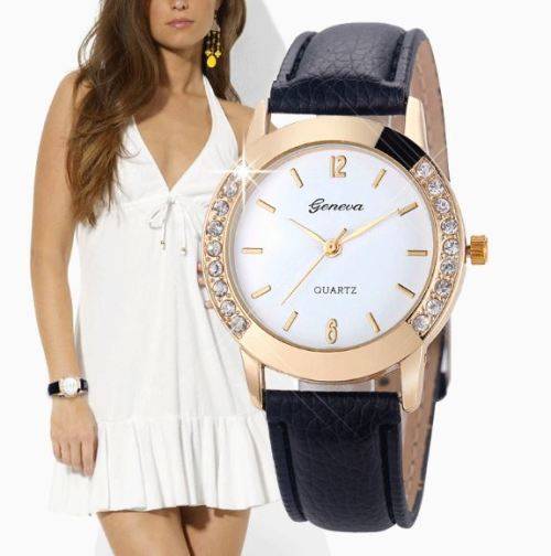 HOT!!! GENEVA WOMEN'S CRYSTAL ANALOG  QUARTZ DRESS WATCH WITH BLACK  FAUX LEATHER STRAP