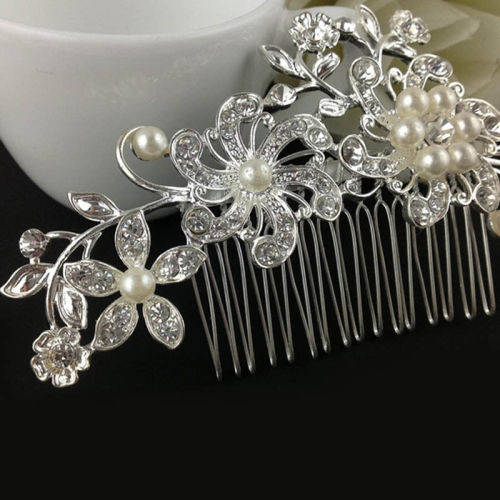 WEDDING BRIDAL HAIR COMB/SLIDE - FAUX PEARLS AND CRYSTAL - METAL - BEAUTIFULLY CRAFTED