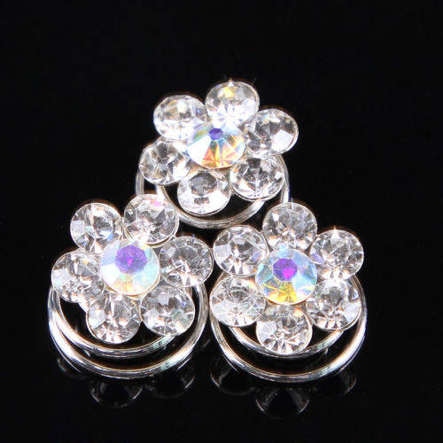 6 PCS BRIDAL HAIR JEWELLERY SET -  SPIRAL COILS WITH RHINESTONE FLOWERS - HAIR ACCESSORY