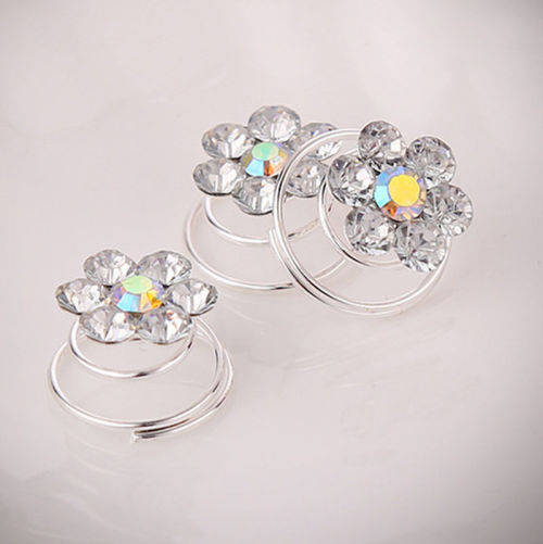 6 PCS BRIDAL HAIR JEWELLERY SET -  SPIRAL COILS WITH RHINESTONE FLOWERS - HAIR ACCESSORY