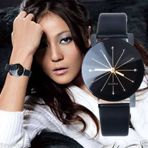 WOMAN'S ELEGANT BLACK FACED FASHION ANALOG QUARTZ DRESS WRIST WATCH WITH BLACK PU LEATHER STRAP