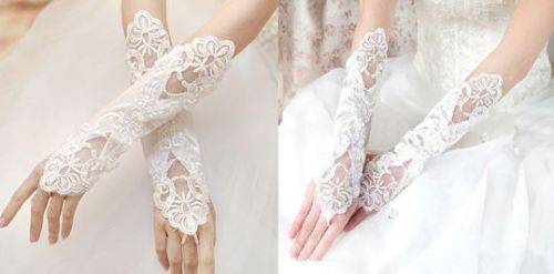 WEDDING / BRIDAL ELBOW LENGTH WHITE SATIN AND PEARL FINGERLESS GLOVES BEAUTIFULLY EMBROIDERED