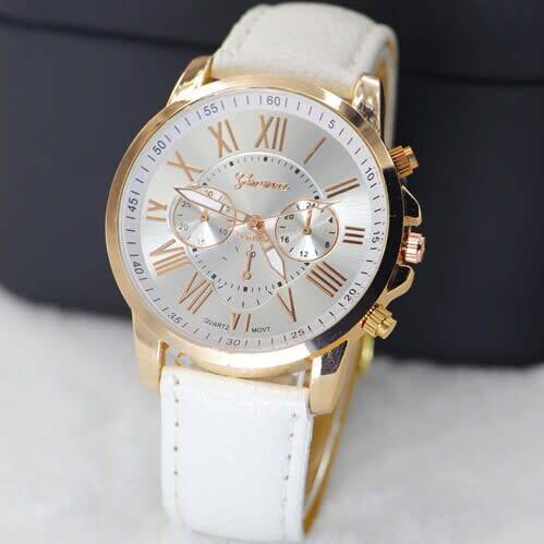 GENEVA PURE WHITE FACE AND STRAP  DIAL YELLOW GOLD CASE WITH ROMAN NUMERALS  LADIES  WATCH