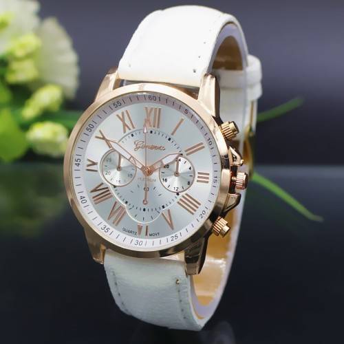 GENEVA PURE WHITE FACE AND STRAP  DIAL YELLOW GOLD CASE WITH ROMAN NUMERALS  LADIES  WATCH