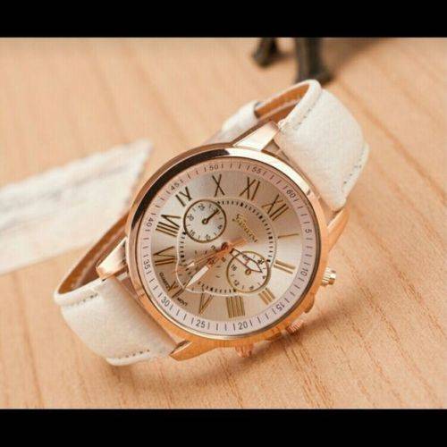 GENEVA PURE WHITE FACE AND STRAP  DIAL YELLOW GOLD CASE WITH ROMAN NUMERALS  LADIES  WATCH