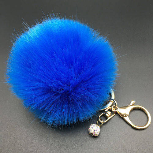 PERFECT GIFT FOR A SPECIAL LADY - DEEP BLUE REX RABBIT FUR POM-POM CRYSTAL BALL KEY RING / CHARM