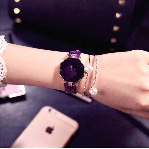 SALE! NEW DESIGN!   PURPLE MULTI FACETED HEXAGONAL WATCH DIAMANTE DETAILED PURPLE FAUX LEATHER STRAP
