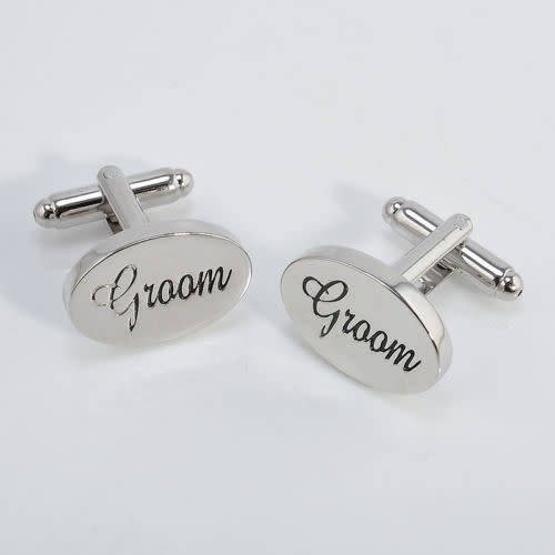 ELEGANT  HIGH QUALITY " GROOM  " CUFFLINKS IN  BLACK SCROLL ENGRAVED SILVER PLATED
