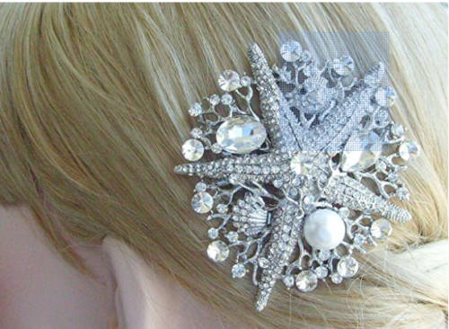 RARE! PERFECT FOR BEACH WEDDING - STARFISH RHINESTONE AND PEARL BRIDAL HAIRCOMB --  HAIR ACCESSORY
