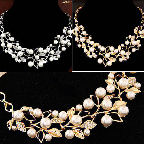 FAUX PEARL AND CRYSTAL CHOKER CHUNKY STATEMENT CHAIN NECKLACE - GOLD