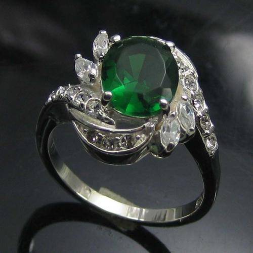 OVAL  EMERALD AND DIAMOND RING CRAFTED IN SOLID 925 STERLING SILVER