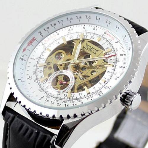 MEN'S AUTOMATIC (KENETIC) WHITE SKELETON WATCH WITH GENUINE LEATHER STRAP